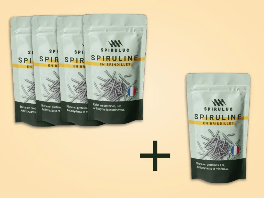 4 sachets de spiruline en brindilles de 100 g plus 1 sachet offert, cure de 5 mois Spiruluc