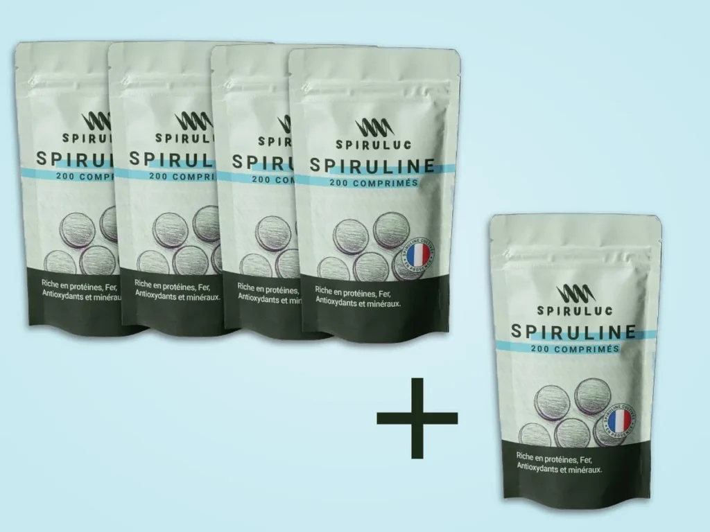 4 sachets de spiruline en comprimés de 100 g plus 1 sachet offert, cure de 5 mois Spiruluc