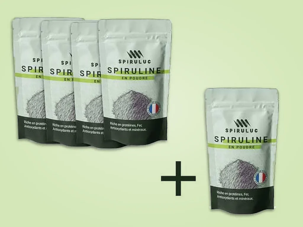 4 sachets de spiruline en poudre de 100 g plus 1 sachet offert, cure de 5 mois Spiruluc