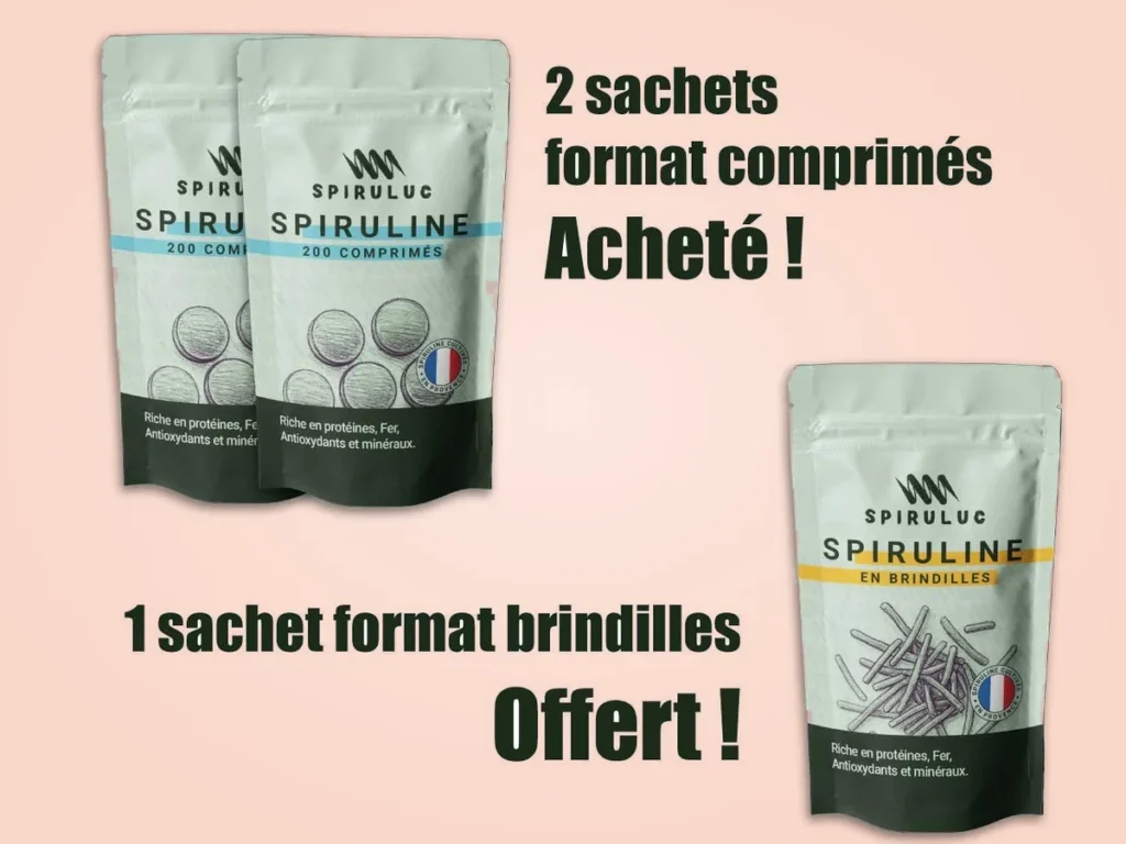 Pack découverte Spiruluc : 2 sachets de spiruline en comprimés et 1 sachet de brindilles offert